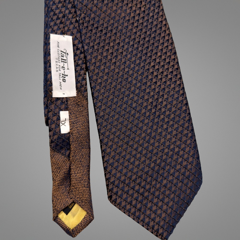Tall-e-ho Necktie XL Mens Silk Geometric Triangle Pattern Navy Blue Bronze